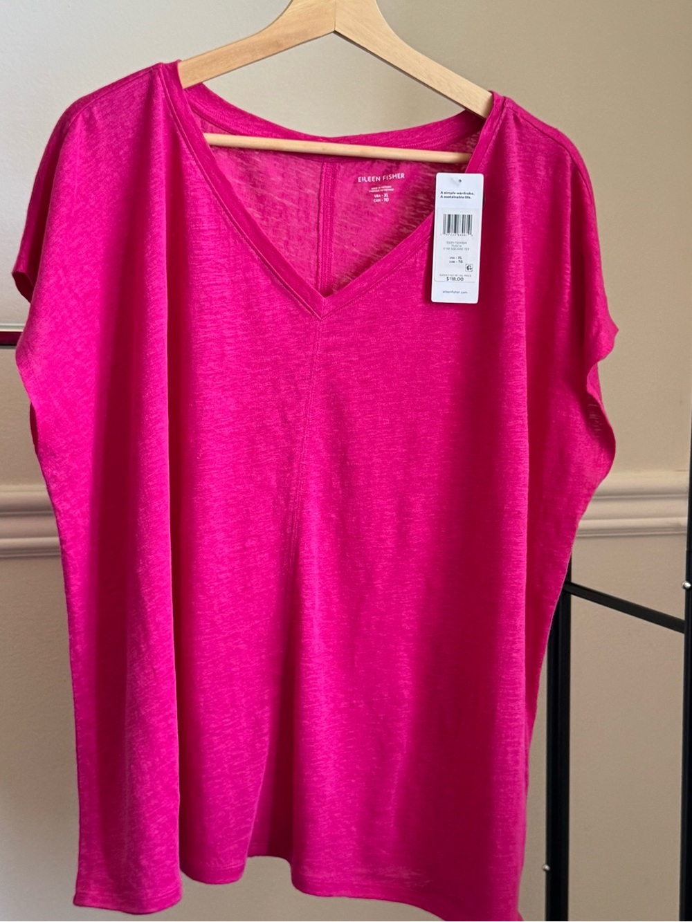 EILEEN FISHER Women's V-Neck Square Tee in Fuchsia Pink XL NWT